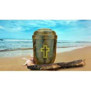 Biodegradable Cremation Ashes Funeral Urn / Casket - NATURAL WOOD EFFECT with GOLD CROSS
